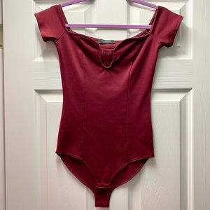 Sexy Garnet Maroon Bodysuit Short Sleeve Top with Keyhole